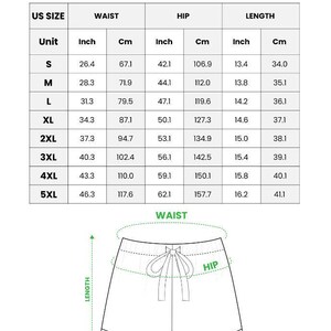 May include: A white chart detailing measurements for all-over print satin short-sleeve pajama shorts. The chart includes US sizes, waist, hip, and length in inches and centimeters. A diagram of the shorts illustrates waist, hip, and length measurements.