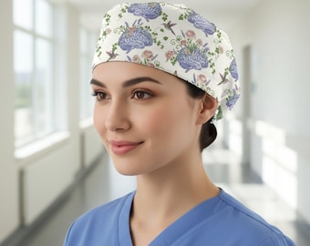 Scrub Cap Tie Back White Brain Flower Print: Medical Neurologist Floral Hat