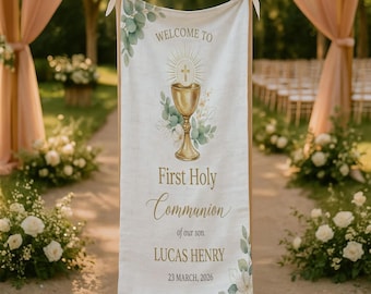 Personalized Linen First Holy Communion Banner: Custom Name Catholic Chalice Church Ceremony Tapestry