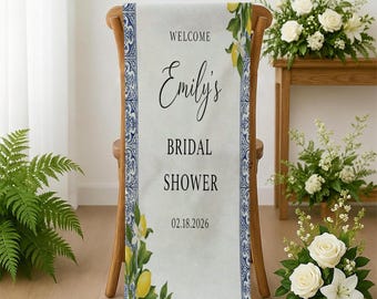 Custom Bridal Shower Wedding Wall Tapestry:  Lemon Blue Tiles Banner Decor