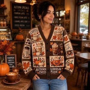May include: A brown V-neck cardigan featuring a repeating grid pattern of coffee-themed illustrations, including mugs, lattes, pumpkins, and autumn leaves. The text on the garment reads Coffee, Pumpkin Spice, Good Days, Fueled by Coffee, and Autumn Leaves & Please.