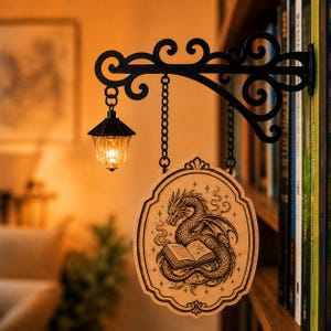 Custom Dragon Bookshelf Lamp, Engraved Wooden Book Lover Gift, Fantasy Library Decor