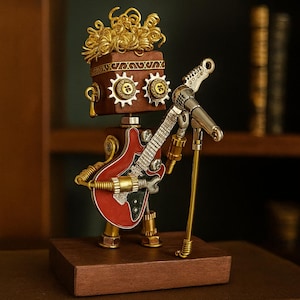 May include: A steampunk-style robot figurine playing a red electric guitar and singing into a microphone. The robot has a brown head and body with gold accents, including gears for eyes and curly hair. The figurine is mounted on a wooden base.