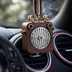 Puede incluir: Un ambientador de coche de madera con forma de radio vintage, colgado de un cordón de cuero marrón. Tiene una rejilla de altavoz plateada y detalles dorados. Sale humo de la parte superior, lo que indica la liberación de fragancia.
