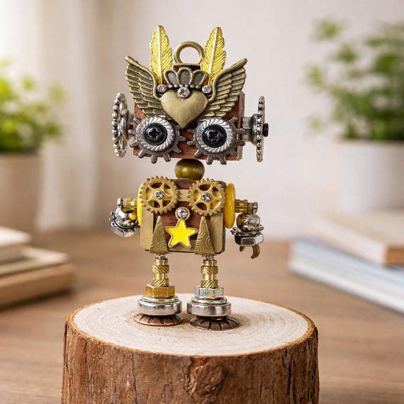A handmade steampunk robot sculpture with a magnetic wood base — intricate mechanical-looking art that feels like it escaped a Victorian inventor's workshop.