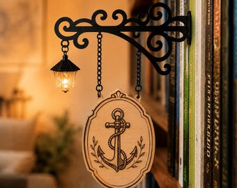 Aangepaste houten boekensteun, bord nautisch anker, gotisch bibliotheekdecor, gepersonaliseerd plankaccent
