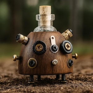 Puede incluir: Un tapón de botella artesanal de inspiración steampunk. La base de madera presenta herrajes de latón y negros, incluyendo tornillos y detalles decorativos. Una botella de vidrio transparente con un tapón de corcho se asienta sobre la base de madera.