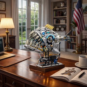 May include: A detailed, mechanical fish sculpture made of silver and grey components, with blue and yellow accents. The sculpture has sharp teeth and is mounted on a wooden base. It sits on a dark wooden desk with a lamp, laptop, and open book.