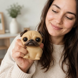 May include: A tan pug figurine with dark brown ears and a black snout. The pug has large, expressive eyes and is sitting upright. The figurine is held in a person's hand.