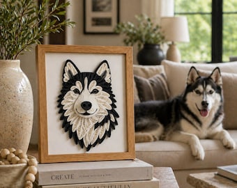 Handmade Quilled Husky Wall Art, 3D Paper Dog Portrait, Framed Dog Decor