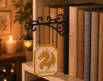Custom Bookend with Mini Lantern, Personalized Genre Sign, Reading Nook Decor