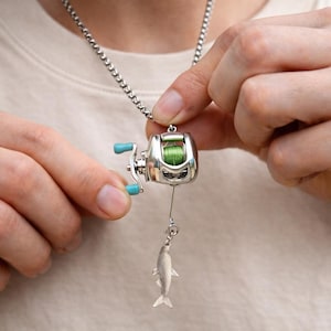 Fishing Reel Pendant Necklace, Mini Fishing Reel Charm with Fish, Angler Necklace Gift for Fishing Lovers