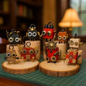 May include: A collection of handcrafted wooden robot figurines in various colors, including red, brown, and black. Each robot has unique details like gears, wings, and sun-shaped accents. They are displayed on small wooden platforms.