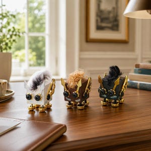 May include: Three whimsical, cube-shaped figurines with gold accents and small legs. One is white with a gray mane, another is brown with a light brown mane, and the third is black with a black mane. Each has gold wings and spear-like details.