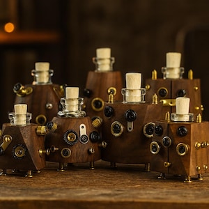 Puede incluir: Colección de tapones de botella de madera hechos a mano con estética steampunk. Cada tapón presenta una botella de vidrio transparente con un corcho, colocada dentro de una base de madera oscura adornada con detalles metálicos de latón, negro y plata. El diseño evoca un aire vintage e industrial.