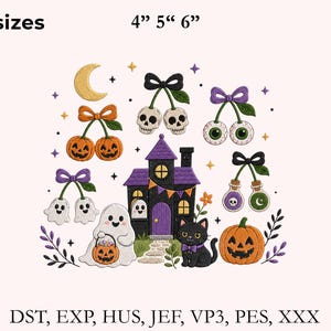 Könnte beinhalten: Ein Stickmuster mit einem Spukhaus, einem Geist mit Kürbiseimer, einer schwarzen Katze und verschiedenen Halloween-Kirschmotiven wie Totenköpfen, Augäpfeln und Zaubertränken. Der Text lautet 3 sizes 4" 5" 6" sowie DST, EXP, HUS, JEF, VP3, PES, XXX.