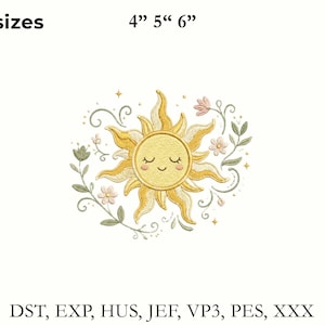 Puede incluir: Un diseño de bordado que muestra un sol sonriente con ojos cerrados y mejillas rosadas, rodeado de enredaderas florales y pequeñas estrellas. El texto 3 sizes 4" 5" 6" aparece arriba y DST, EXP, HUS, JEF, VP3, PES, XXX abajo.