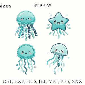 May include: Four embroidered designs featuring cute teal jellyfish and a smiling star character. Text includes 3 sizes 4" 5" 6" and file formats DST, EXP, HUS, JEF, VP3, PES, XXX. The characters have pink cheeks and various shades of blue tentacles.