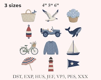 May include: A collection of twelve nautical and coastal themed embroidery designs including a basket, seagull, hydrangea, buoy, jeep, whale, bicycle, sweater, sailboat, umbrella, lighthouse, and flag. Text reads 3 sizes 4" 5" 6" and DST, EXP, HUS, JEF, VP3, PES, XXX.