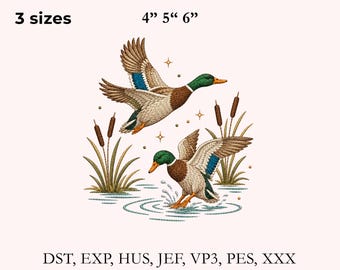 May include: An embroidery design featuring two mallard ducks in flight and landing on water, surrounded by cattails and small star accents. The text 3 sizes 4" 5" 6" appears at the top, and file formats DST, EXP, HUS, JEF, VP3, PES, XXX are listed at the bottom.