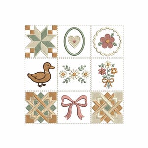 May include: A grid of nine embroidered squares featuring various designs including a geometric star, a heart in an oval frame, a scalloped flower, a brown duck, a daisy cluster, a floral bouquet, two geometric patterns, and a pink bow.