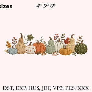 May include: An embroidery design featuring a horizontal row of various pumpkins in shades of orange, green, white, and tan, accented with leaves and berries. Text at the top reads 3 sizes 4" 5" 6". Text at the bottom lists file formats DST, EXP, HUS, JEF, VP3, PES, XXX.