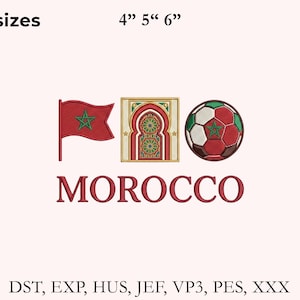 Morocco Embroidery Design, Moroccan Flag Soccer Machine Embroidery File, Football Travel Design