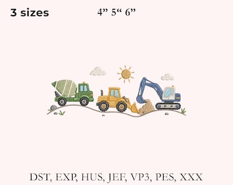 May include: An embroidery design featuring a green cement mixer, a yellow front loader, and a blue excavator on a dirt path with a sun and clouds. Text includes 3 sizes 4" 5" 6" and file formats DST, EXP, HUS, JEF, VP3, PES, XXX.