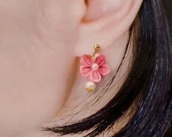 Sakura Earrings, Hypoallergenic Japanese Tsumami Zaiku Flower Studs, Pink Cherry Blossom Jewelry