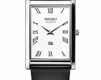 ヴィンテージ セイコー クォーツ レクタンギュラー ドレスウォッチ、ホワイト文字盤、ブラックレザーストラップ