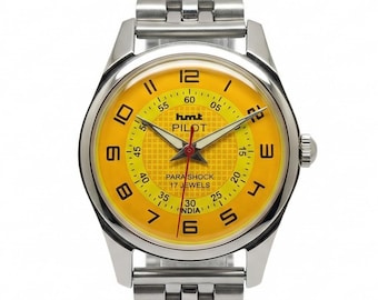 HMT Pilot Vintage Mechanical Watch for Men Indian Heritage Wristwatch Yellow Dial