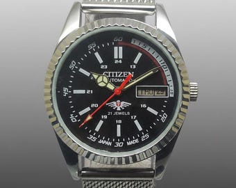 Reloj automático Citizen para hombre, estilo vintage, con esfera negra, mecánico japonés, con fecha y día.