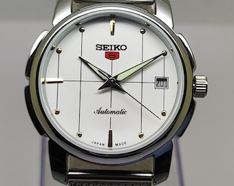 Orologio automatico Seiko 5 da uomo, quadrante bianco vintage, orologio meccanico giapponese con giorno e data