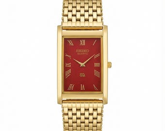 ヴィンテージ セイコー クォーツ 長方形ドレスウォッチ、レッドダイヤル ゴールドステンレススチール
