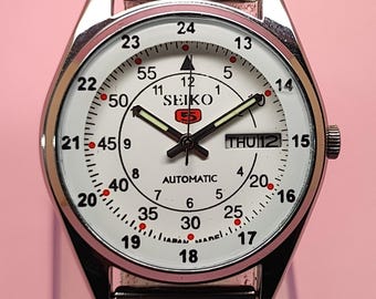 Orologio automatico Seiko 5 da uomo, quadrante bianco vintage, orologio meccanico giapponese con giorno e data