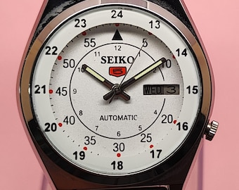 Seiko 5 Automatic Watch for Men Vintage White Dial Japanese Mechanical Day Date Watch