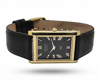 ヴィンテージ セイコー クォーツ 長方形ドレスウォッチ、ブラックダイヤル、ブラックレザー