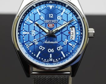 セイコー5 自動巻き腕時計 メンズ ヴィンテージ ブルー文字盤 日本製機械式 デイデイトウォッチ