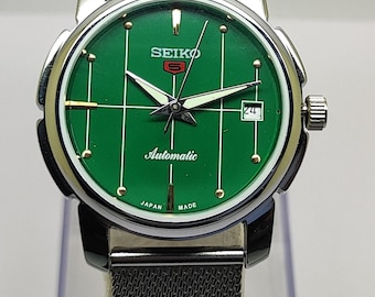 Seiko 5 Automatic Watch for Men Vintage Green Dial Japanese Mechanical Day Date Watch