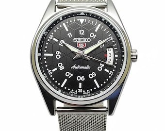 セイコー5 自動巻き腕時計 メンズ ヴィンテージ ブラックダイヤル 日本製機械式 デイデイトウォッチ