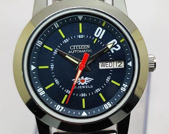 シチズン 自動巻き メンズ腕時計 ヴィンテージ ブルー文字盤 日本製 機械式 デイデイト 腕時計