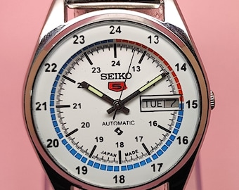Orologio automatico Seiko 5 da uomo, quadrante bianco vintage, orologio meccanico giapponese con giorno e data