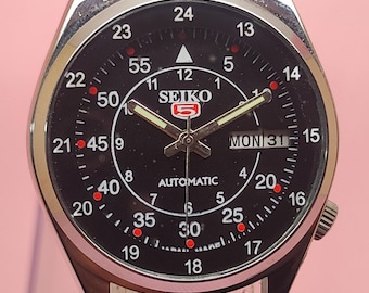 Orologio automatico Seiko 5 da uomo, quadrante nero vintage, orologio meccanico giapponese con giorno e data