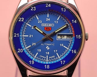 Seiko 5 Automatic Watch for Men Vintage Blue Dial Japanese Mechanical Day Date Watch