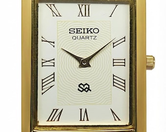 ヴィンテージ セイコー クォーツ 長方形ドレスウォッチ、ホワイトダイヤル、ブラウンレザー