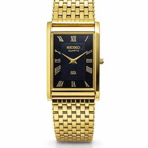 Vintage Seiko Quartz Rectangular Dress Watch, Black Dial Gold Stainless Steel