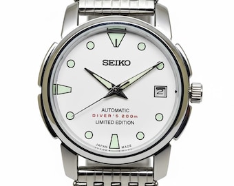 Orologio automatico Seiko 5 da uomo, quadrante bianco vintage, orologio meccanico giapponese con giorno e data