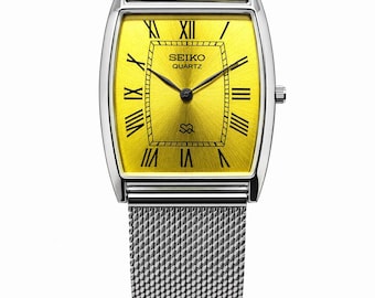 ヴィンテージ セイコー クォーツ 長方形ドレスウォッチ、イエローダイヤル シルバーステンレススチール