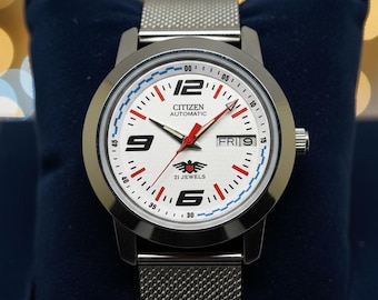 Automatyczny zegarek męski Citizen w stylu vintage z białą tarczą, japoński mechaniczny zegarek na rękę z datą i dniem
