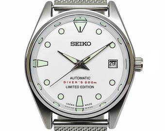 Orologio automatico Seiko 5 da uomo, quadrante bianco vintage, orologio meccanico giapponese con giorno e data